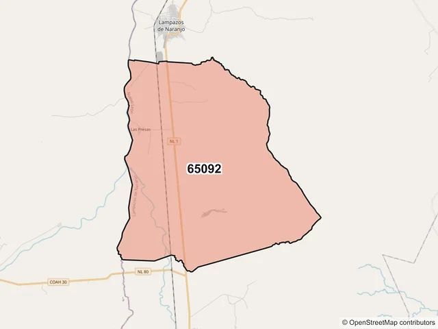 Mapa del código postal 65092, Lampazos de Naranjo, Nuevo León