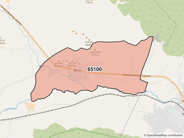 Mapa del código postal 65100, Mina, Nuevo León
