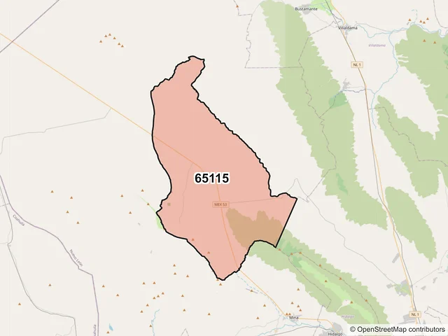 Mapa del código postal 65115, Mina, Nuevo León