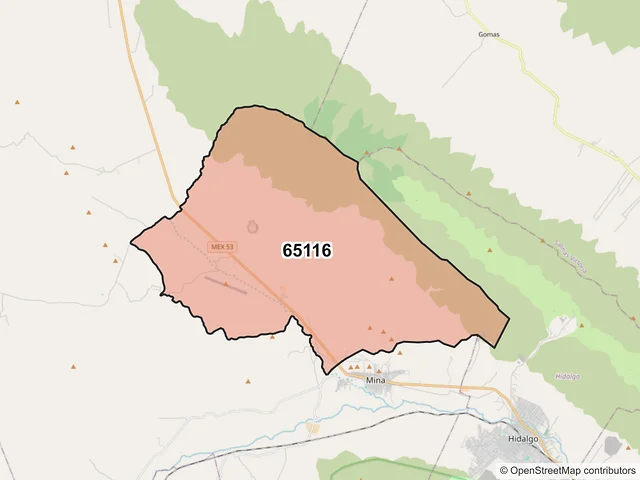 Mapa del código postal 65116, Mina, Nuevo León