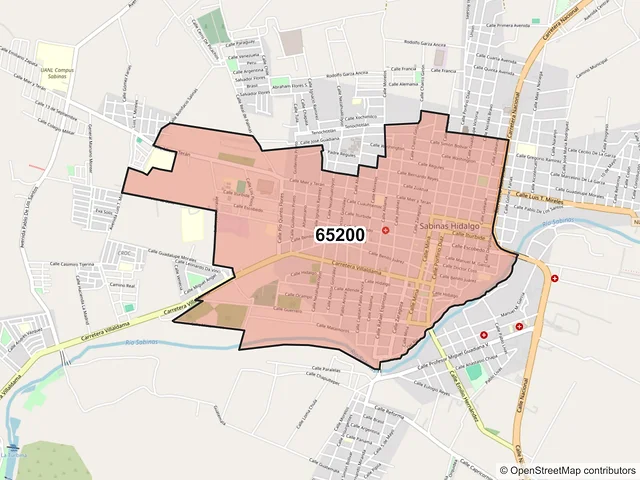 Mapa del código postal 65200, Sabinas Hidalgo, Nuevo León
