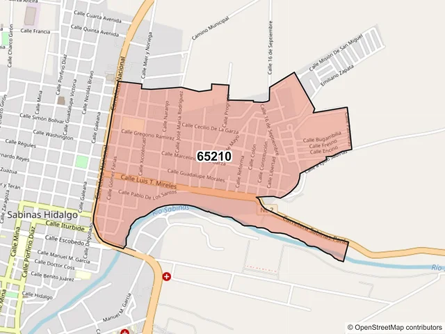 Mapa del código postal 65210, Sabinas Hidalgo, Nuevo León