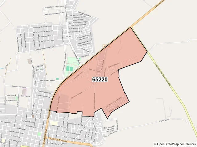 Mapa del código postal 65220, Sabinas Hidalgo, Nuevo León