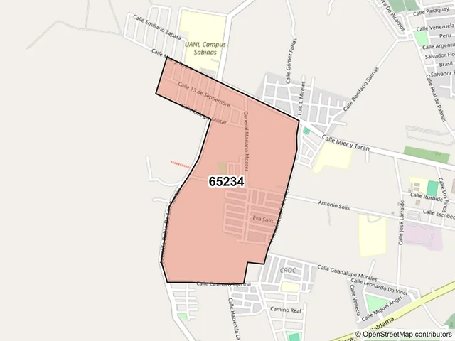 Mapa del código postal 65234, Sabinas Hidalgo, Nuevo León