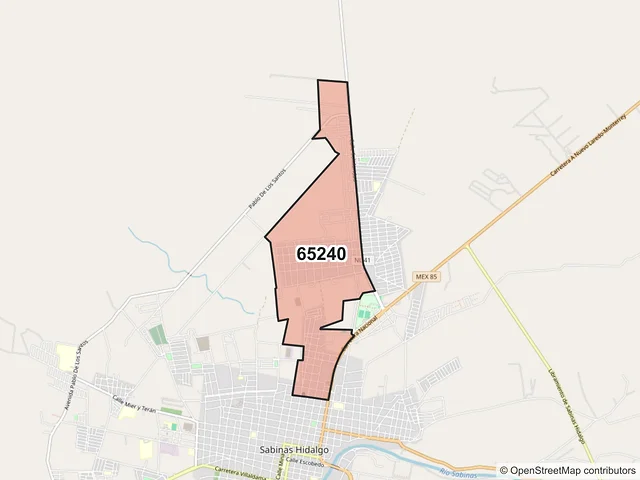 Mapa del código postal 65240, Sabinas Hidalgo, Nuevo León