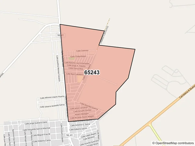Mapa del código postal 65243, Sabinas Hidalgo, Nuevo León