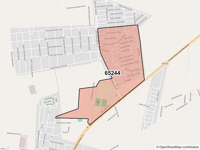 Mapa del código postal 65244, Sabinas Hidalgo, Nuevo León