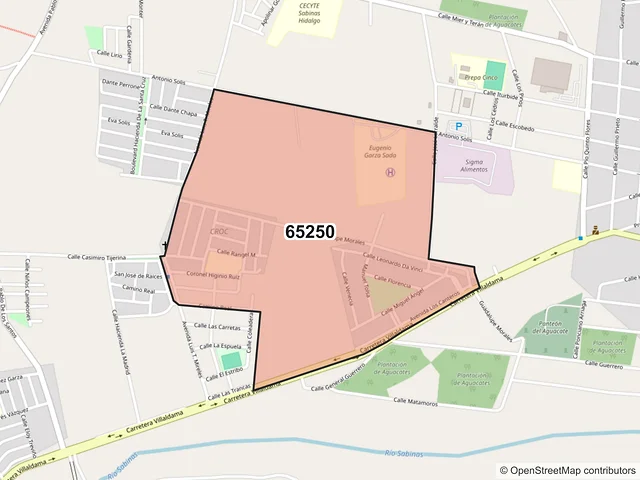 Mapa del código postal 65250, Sabinas Hidalgo, Nuevo León