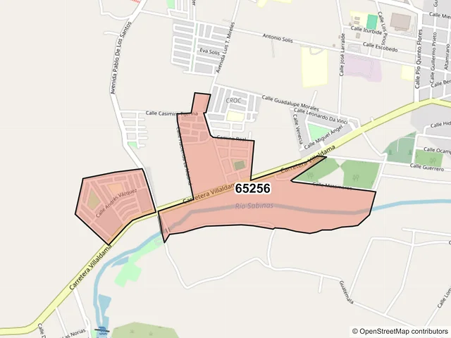 Mapa del código postal 65256, Sabinas Hidalgo, Nuevo León