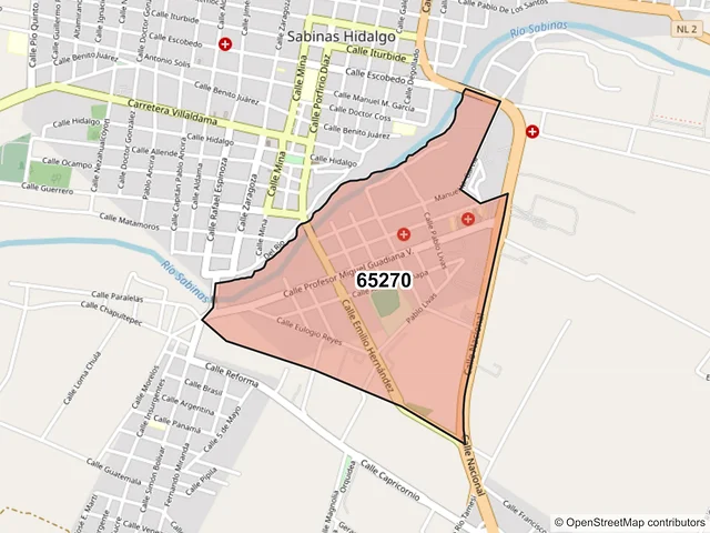 Mapa del código postal 65270, Sabinas Hidalgo, Nuevo León