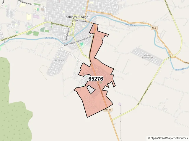 Mapa del código postal 65276, Sabinas Hidalgo, Nuevo León