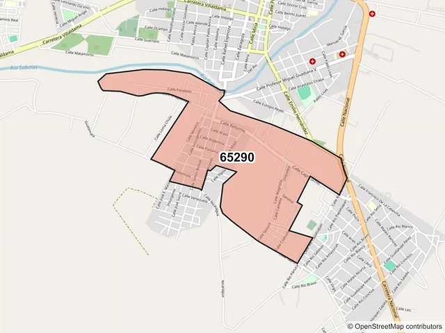 Mapa del código postal 65290, Sabinas Hidalgo, Nuevo León