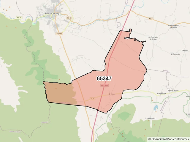 Mapa del código postal 65347, Sabinas Hidalgo, Nuevo León