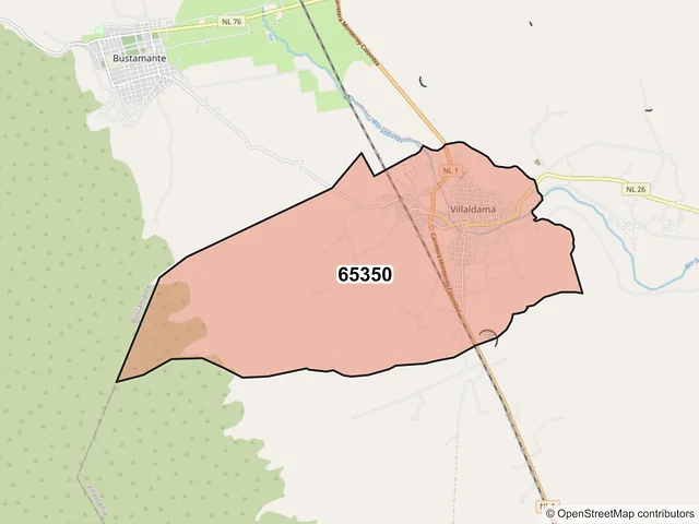 Mapa del código postal 65350, Villaldama, Nuevo León
