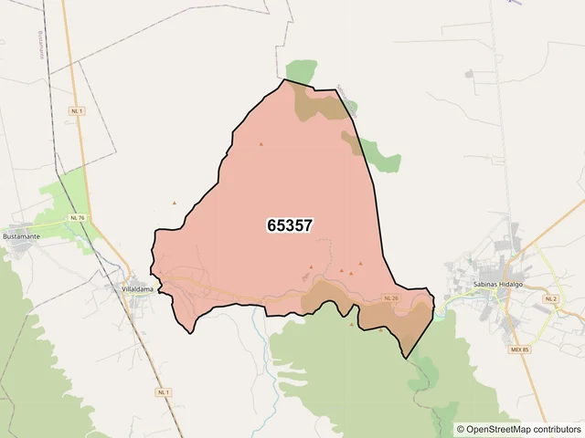 Mapa del código postal 65357, Villaldama, Nuevo León