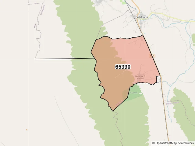 Mapa del código postal 65390, Villaldama, Nuevo León