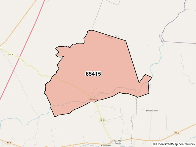 Mapa del código postal 65415, Vallecillo, Nuevo León