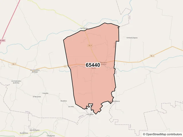 Mapa del código postal 65440, Vallecillo, Nuevo León