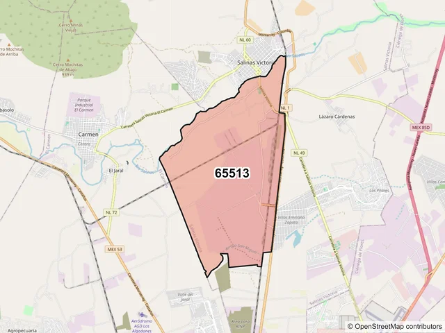 Mapa del código postal 65513, Salinas Victoria, Nuevo León