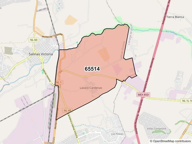 Mapa del código postal 65514, Salinas Victoria, Nuevo León