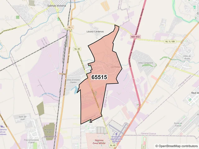 Mapa del código postal 65515, Salinas Victoria, Nuevo León