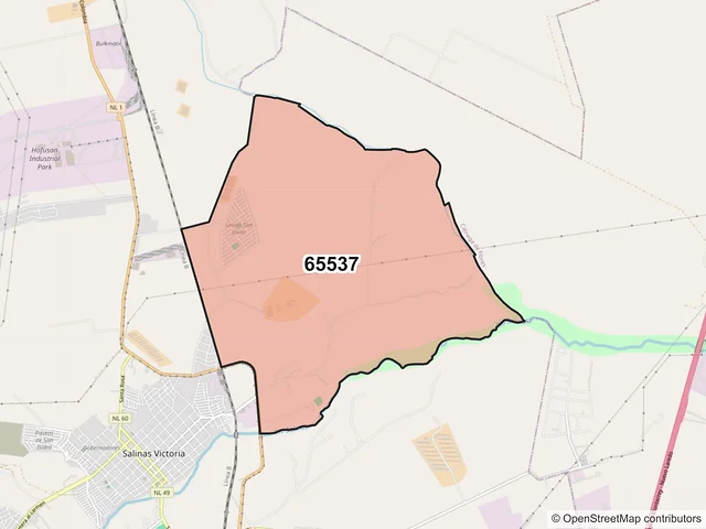 Mapa del código postal 65537, Salinas Victoria, Nuevo León