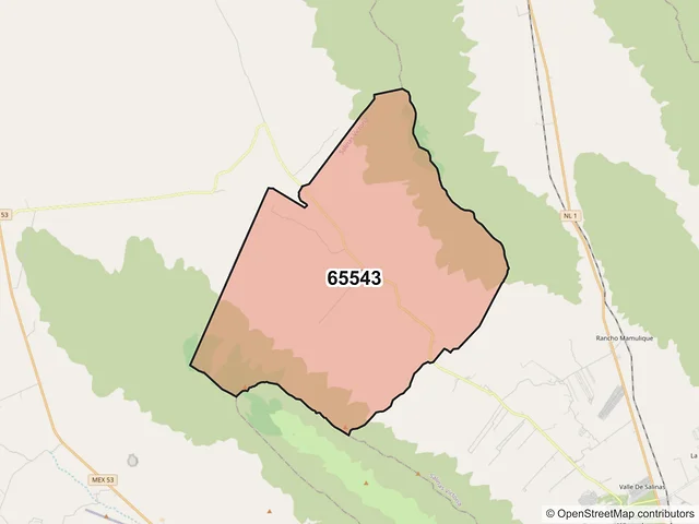 Mapa del código postal 65543, Salinas Victoria, Nuevo León