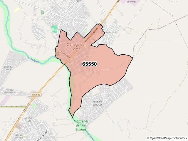 Mapa del código postal 65550, Ciénega de Flores, Nuevo León