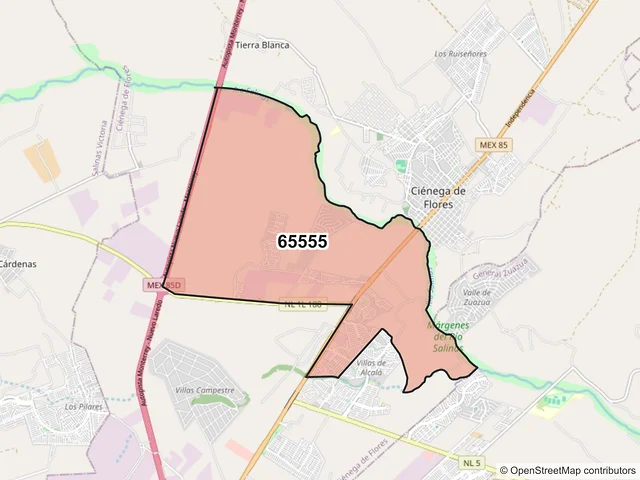 Mapa del código postal 65555, Ciénega de Flores, Nuevo León