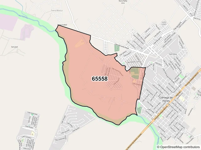 Mapa del código postal 65558, Ciénega de Flores, Nuevo León
