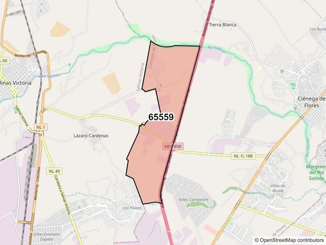 Mapa del código postal 65559, Ciénega de Flores, Nuevo León