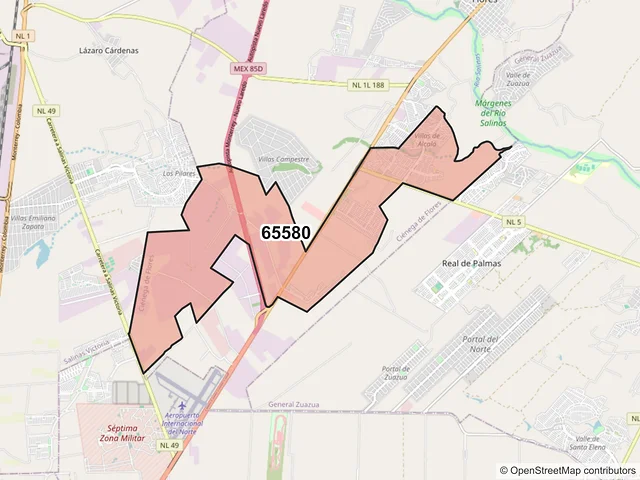 Mapa del código postal 65580, Ciénega de Flores, Nuevo León