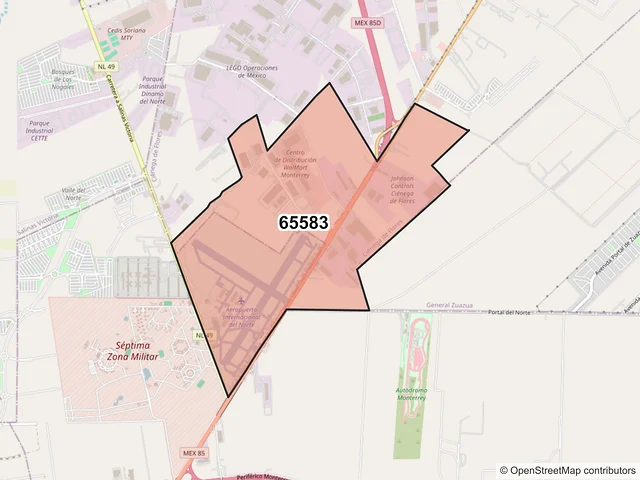 Mapa del código postal 65583, Ciénega de Flores, Nuevo León