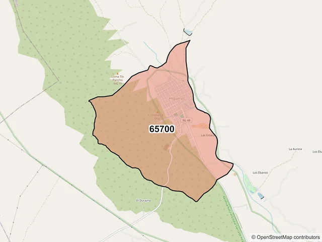 Mapa del código postal 65700, Higueras, Nuevo León