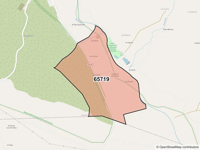 Mapa del código postal 65719, Higueras, Nuevo León