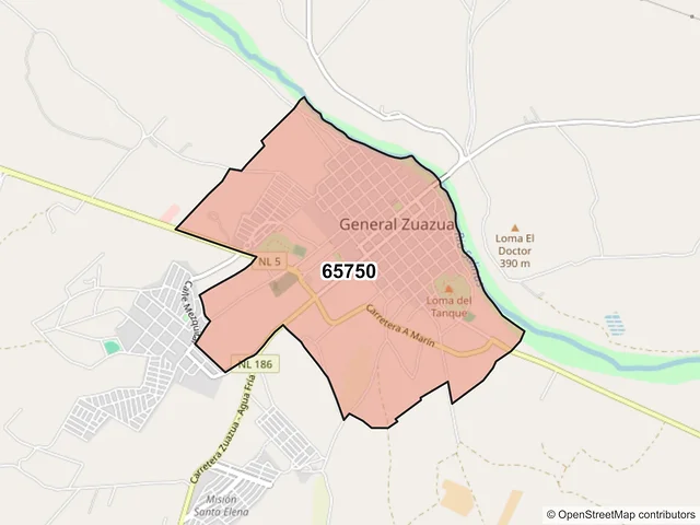 Mapa del código postal 65750, General Zuazua, Nuevo León