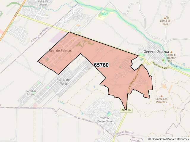 Mapa del código postal 65760, General Zuazua, Nuevo León