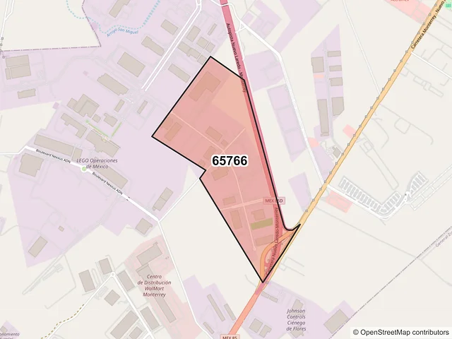 Mapa del código postal 65766, General Zuazua, Nuevo León
