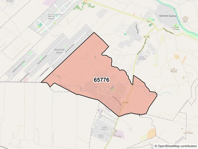 Mapa del código postal 65776, General Zuazua, Nuevo León