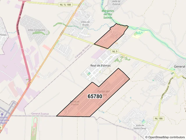 Mapa del código postal 65780, General Zuazua, Nuevo León