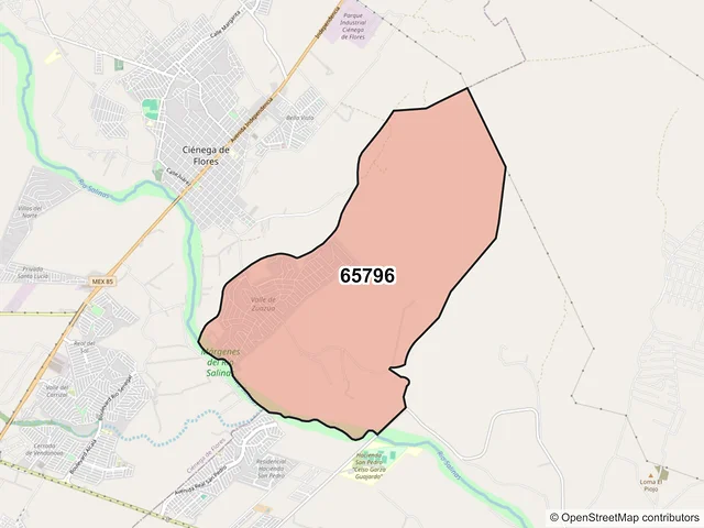 Mapa del código postal 65796, General Zuazua, Nuevo León
