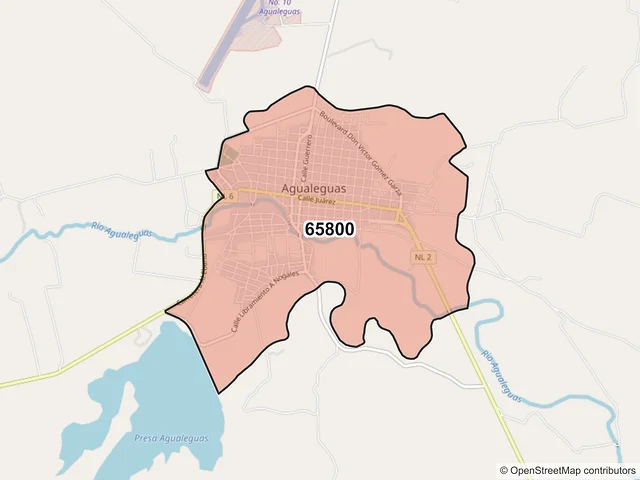 Mapa del código postal 65800, Agualeguas, Nuevo León