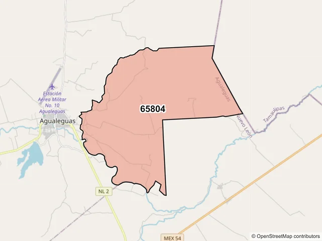 Mapa del código postal 65804, Agualeguas, Nuevo León