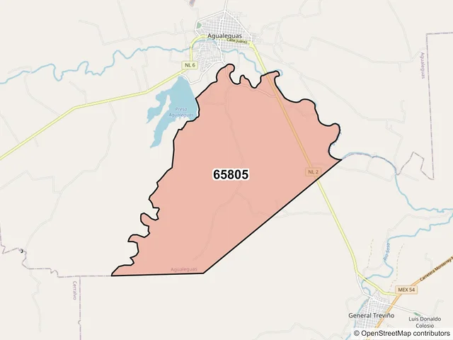 Mapa del código postal 65805, Agualeguas, Nuevo León
