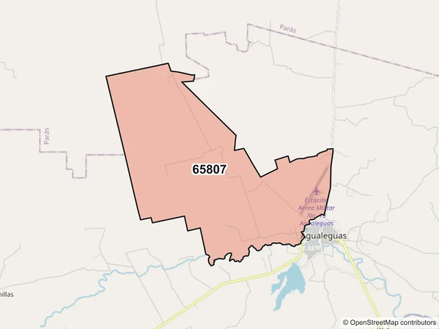 Mapa del código postal 65807, Agualeguas, Nuevo León