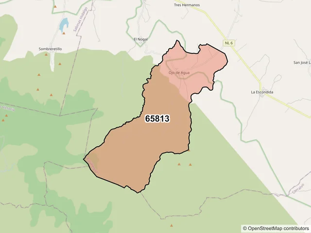 Mapa del código postal 65813, Agualeguas, Nuevo León