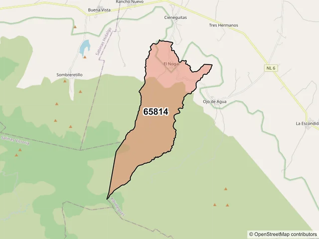 Mapa del código postal 65814, Agualeguas, Nuevo León