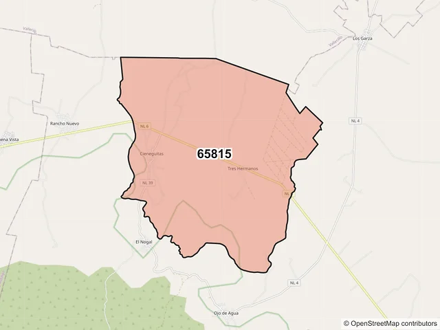 Mapa del código postal 65815, Agualeguas, Nuevo León