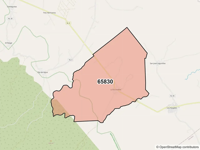 Mapa del código postal 65830, Agualeguas, Nuevo León
