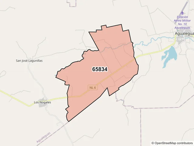 Mapa del código postal 65834, Agualeguas, Nuevo León